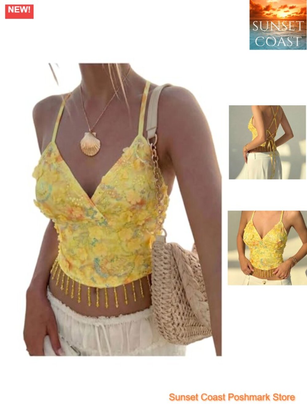 3D Floral Sequin Fringe Backless Crop Tank Top Clubwear